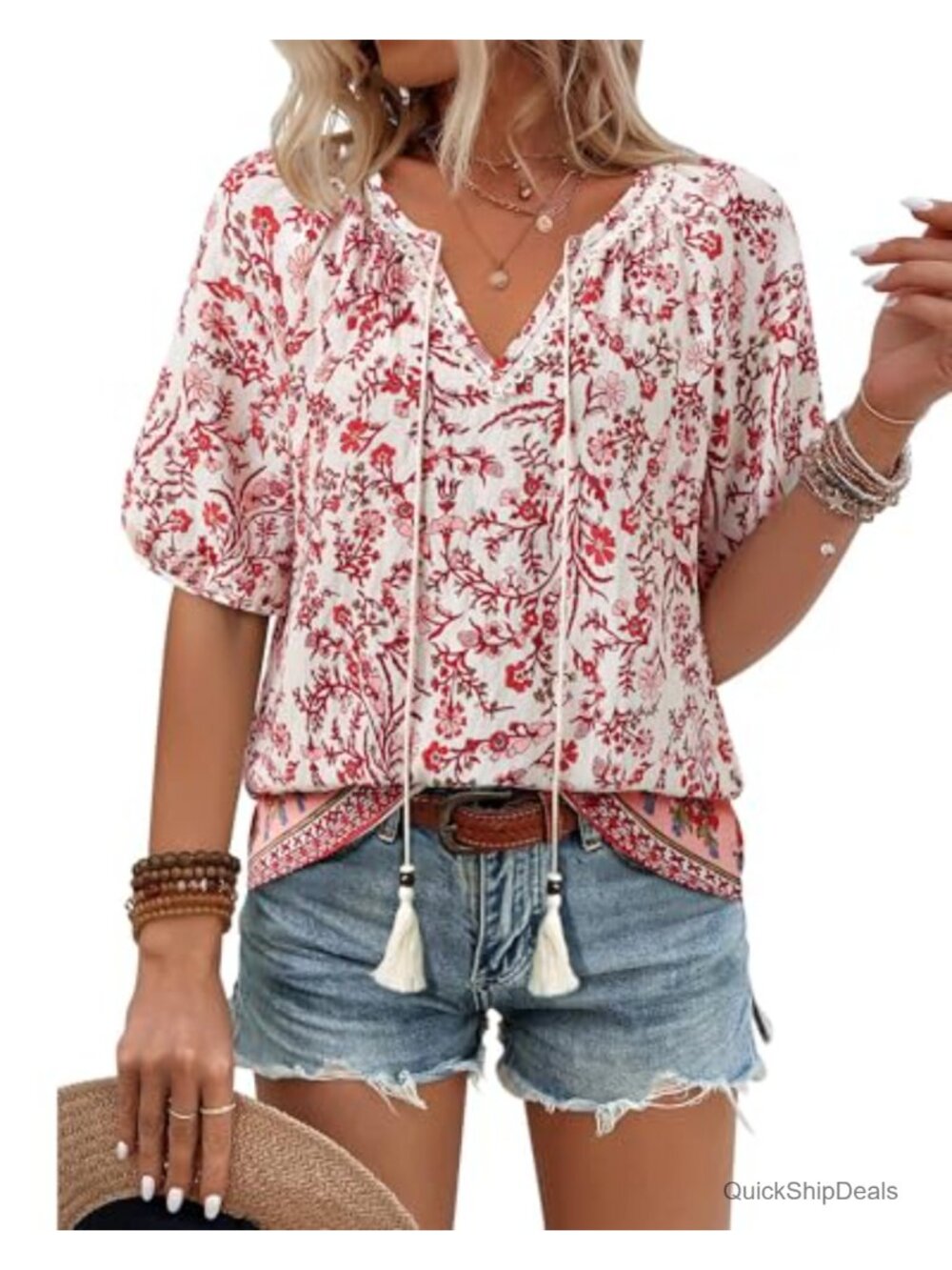 Womens Floral Boho Blouse V Neck Tie Front Peasant Top Flowy Vacation Shirt